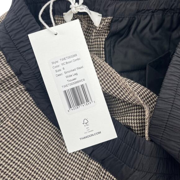 THAKOON Smocked Waist Wide Leg Pull On Trouser Brown Combo Houndstooth Sz 6 NEW - Picture 11 of 15